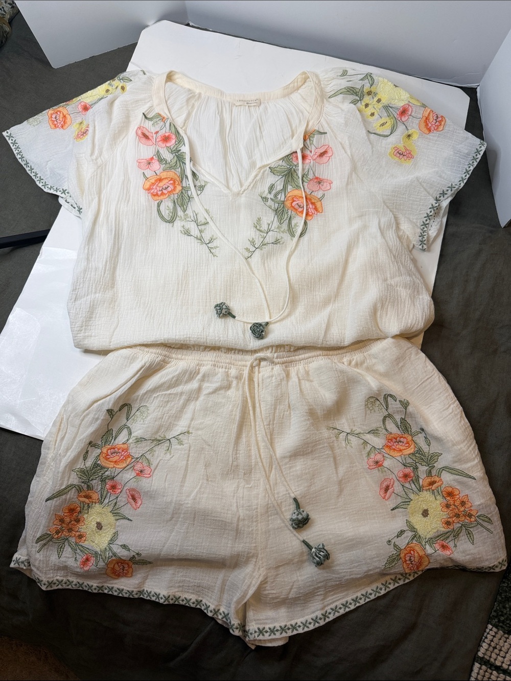 Women's Cream Floral Embroidered Short Set by Lovestitch ❤️ (Short -Lg/Top- Med)